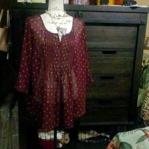 Torrid sheer burgundy blouse with sparkle dot print